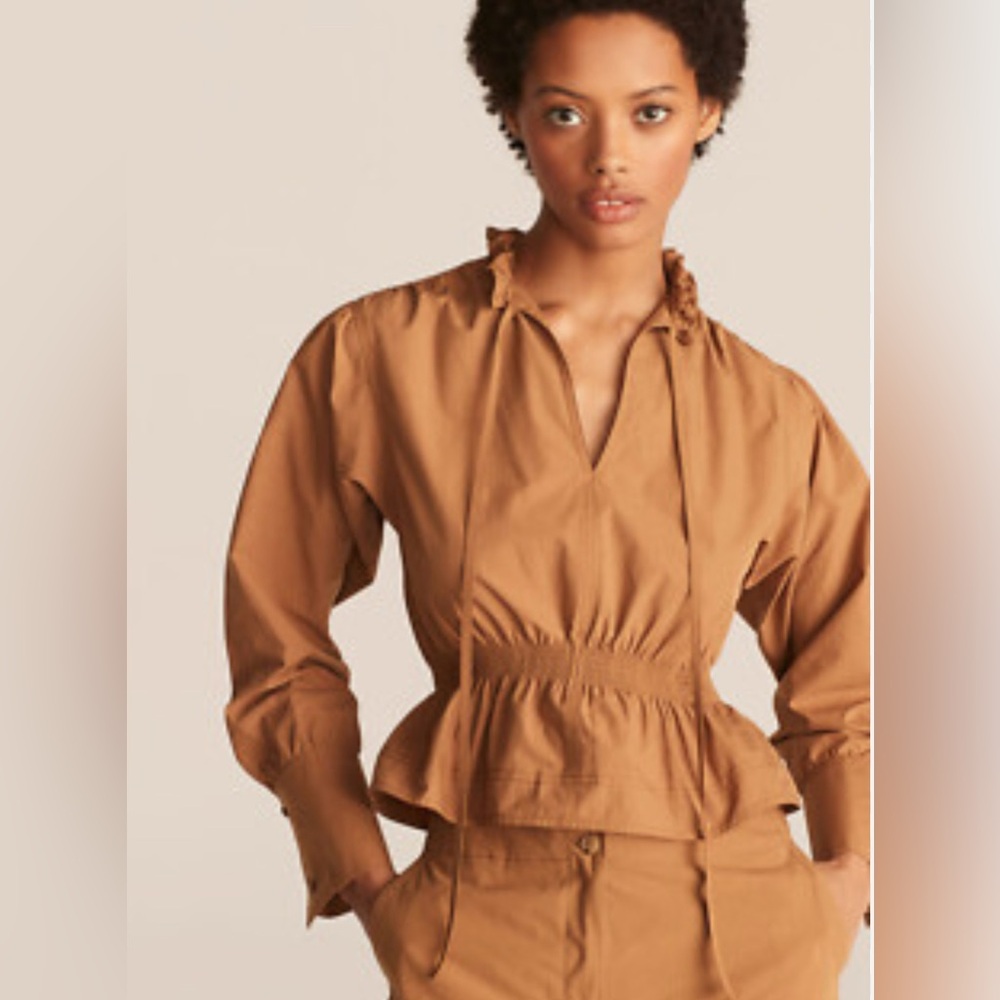 Rebecca Taylor Brown Long Sleeve Rushed Poplin Pullover Tie Front Blouse small